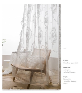 Detailed close-up of white lace curtain with delicate floral embroidery and ruffled edge