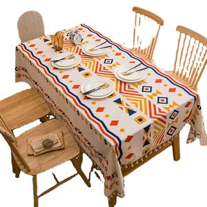 Bohemian geometric printed cotton linen tablecloth with elegant white tassels for dining