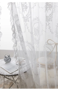 Detailed view of white lace curtain with intricate floral embroidery and ruffled edge design