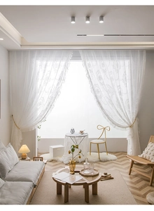 French style white lace curtain with floral embroidery and elegant ruffled edges