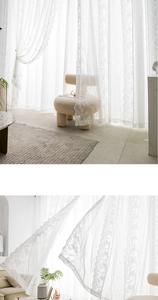 Close-up of white lace curtain showing intricate floral embroidery and sheer mesh fabric