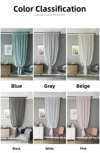 Detail view of colorful sheer curtains in six tones featuring decorative tassel edge trim