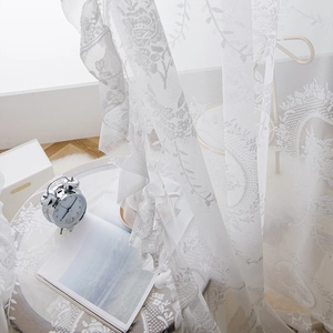 White French lace curtain with floral embroidery and ruffle edge for living room decor