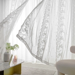 Elegant white lace curtains with scalloped embroidered edges for bedroom privacy