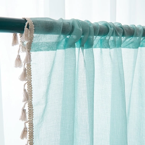 Linen texture semi-sheer mint green curtain with elegant tassel trim for bedroom