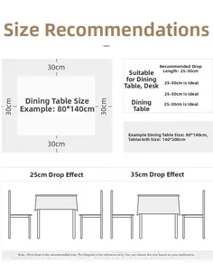 Tablecloth sizing guide detailing optimal 25-30cm drop length for dining and desk tables
