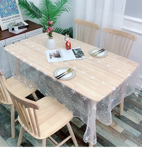 Close-up of white lace tablecloth with floral embroidery on rectangular dining table