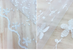 Macro detail of white floral embroidery on fine mesh lace with scalloped edges