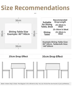 Size guide for rectangular tablecloths showing measurement tips and overhang suggestions