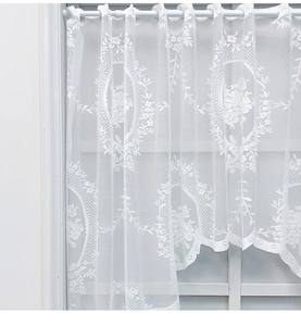 Detailed embroidery of white lace cafe curtain with floral pattern and wavy edge