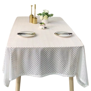 Modern white checkered tablecloth for rectangular dining tables with textured weave fabric