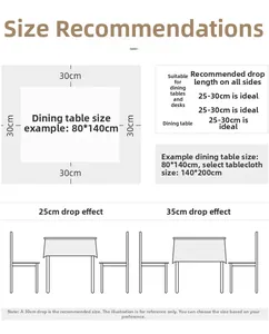 Guide for tablecloth size selection with recommended overhang of 25-30cm for dining tables