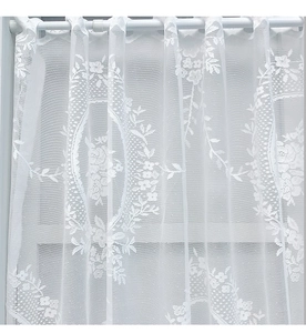 Close-up of white floral lace short curtain with elegant rose patterns and scalloped edge