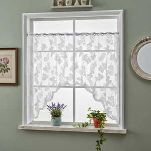 White Nordic lace coffee curtain with butterfly and rose patterns and scalloped edge