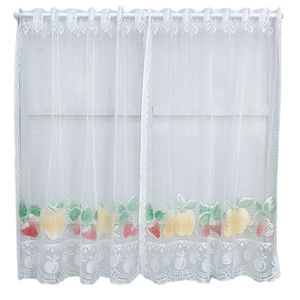 White lace cafe curtain with colorful fruit patterns and wave trim for kitchen windows