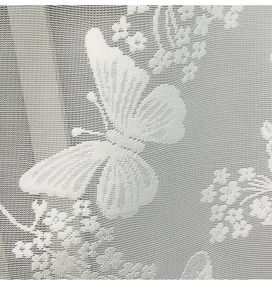 Detailed close-up of white lace curtain featuring delicate butterfly and floral embroidery