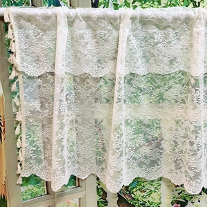 White lace cafe curtain with floral pattern and tassels for kitchen cabinet window