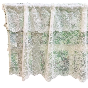 White lace coffee curtain with floral crochet pattern and elegant scalloped edges
