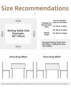 Size guide for rectangular tablecloth showing ideal 25 to 30 cm overhang measurements