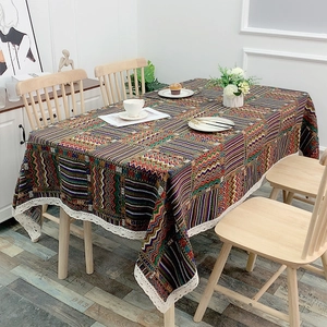 Bohemian Ethnic Geometric Pattern Tablecloth With White Lace Trim Rectangular Yarn-Dyed Fabric For Dining Room Decor