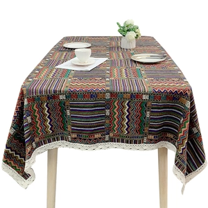 Bohemian geometric pattern tablecloth with elegant white lace trim for dining table