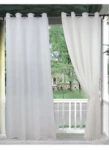 Detail of white waterproof outdoor curtains with metal grommets for porch and gazebo