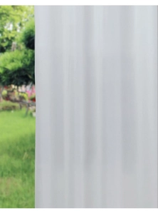 Close-up of white semi-transparent outdoor curtain fabric with lightweight texture