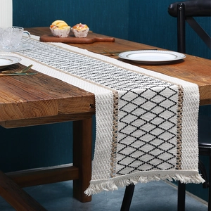 Bohemian Woven Table Runner Cream Black Diamond Pattern Cotton Polyester Blend Tassel Edge Decor For Dining Table