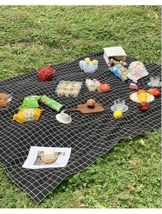 Macro view of black and white checkered waterproof picnic mat on green lawn with snacks