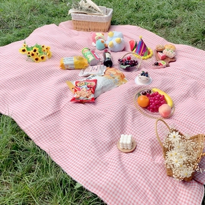 Pink and white checkered outdoor picnic mat with fringe details on a green grass field