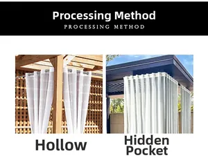 Detail of outdoor sheer curtains showing grommet top and rod pocket hanging options