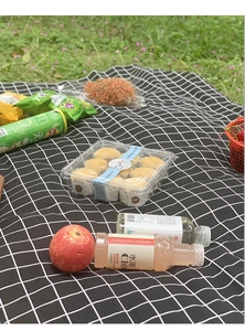 Detailed view of a thick black and white checkered picnic mat spread on lush green grass
