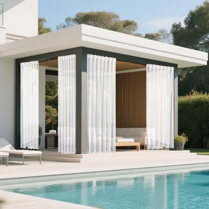 Close-up of semi-transparent outdoor waterproof voile curtains for gazebos and terraces