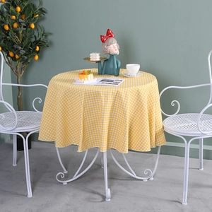 Nordic yellow and white checkered cotton linen round tablecloth for home and cafe dining