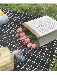 Pink tulips in a white paper bag on a black and white checkered picnic mat outdoors