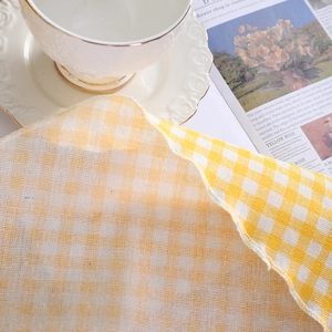 Modern yellow and white checkered cotton linen tablecloth with premium stitched edges