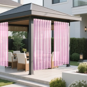Detail view of light pink waterproof sheer curtains installed in a modern outdoor garden gazebo