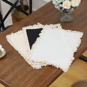 Modern rectangular cotton linen placemat with handmade tassels for heat insulation and decor