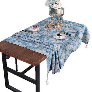 Blue floral oil-proof table runner with white tassels for luxury dining room decor