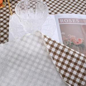 Nordic brown and white plaid cotton linen tablecloth with delicate woven texture detail