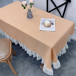 Pastoral Gingham Checkered Tablecloth With Ruffled Lace Border Rectangular Synthetic Fiber Table Cover For Home Party Decoration