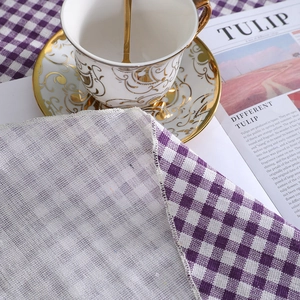 Nordic purple plaid cotton linen round tablecloth with premium edge stitching for dining