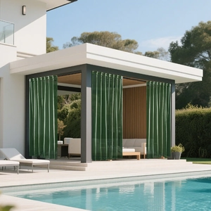 Detail of dark green outdoor gazebo curtain with vertical stripe texture and semi-sheer fabric