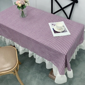 Ins Style Gingham Tablecloth Heat Resistant Chemical Fiber Fabric Table Cloth With Ruffled Lace Edge For Dining Room Decor