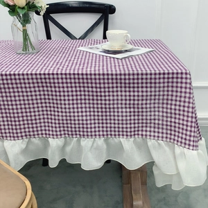 Purple gingham cotton linen tablecloth with white ruffle edges for dining table