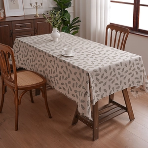 Minimalist cotton linen rectangular tablecloth with brown leaf pattern and fringe edges