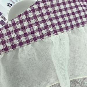 Linen plaid tablecloth with purple gingham pattern and white lace pleated ruffles