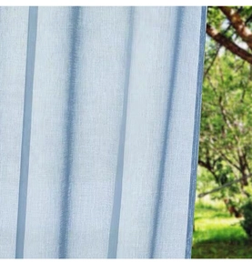 Detail of light blue waterproof outdoor sheer curtain showing fine woven fabric texture