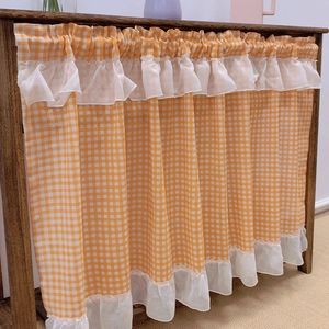 American style yellow plaid cafe curtain with double-layer white ruffle lace decoration
