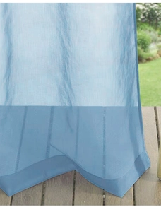 Detail of light blue waterproof outdoor sheer curtain with fine stitching on hem line